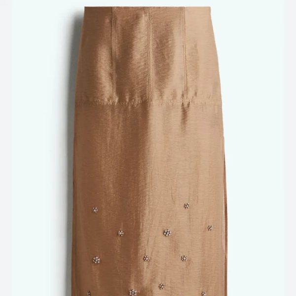 Falda Larga Beige con Detalles Decorativos