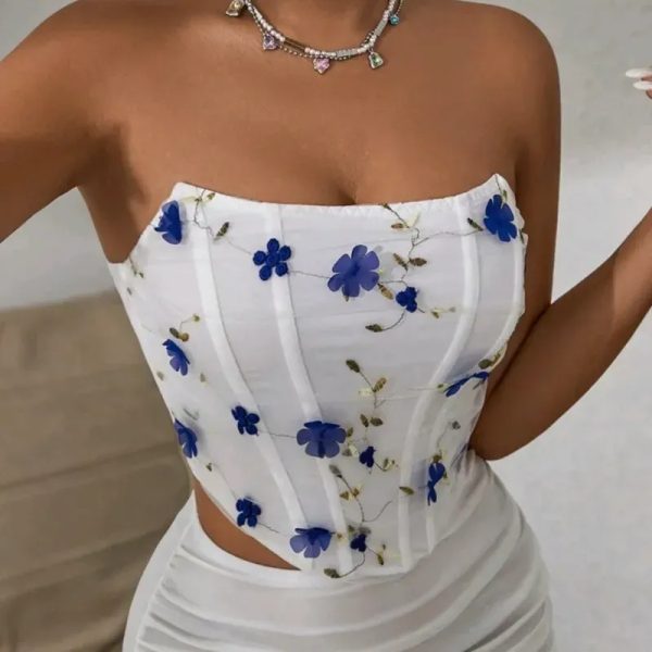  Top con bordado floral— Blanco/Azul