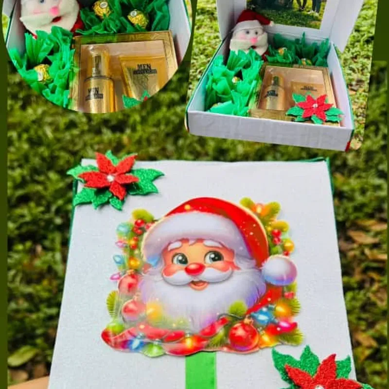 Caja sorpresa con foto familiar  ( Estuche de perfume y crema , peluchito pequeño de santa , bombones Ferrero Rocher )