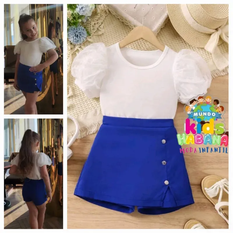Conjunto de saya short azul + blusa blanca manga bonbillo