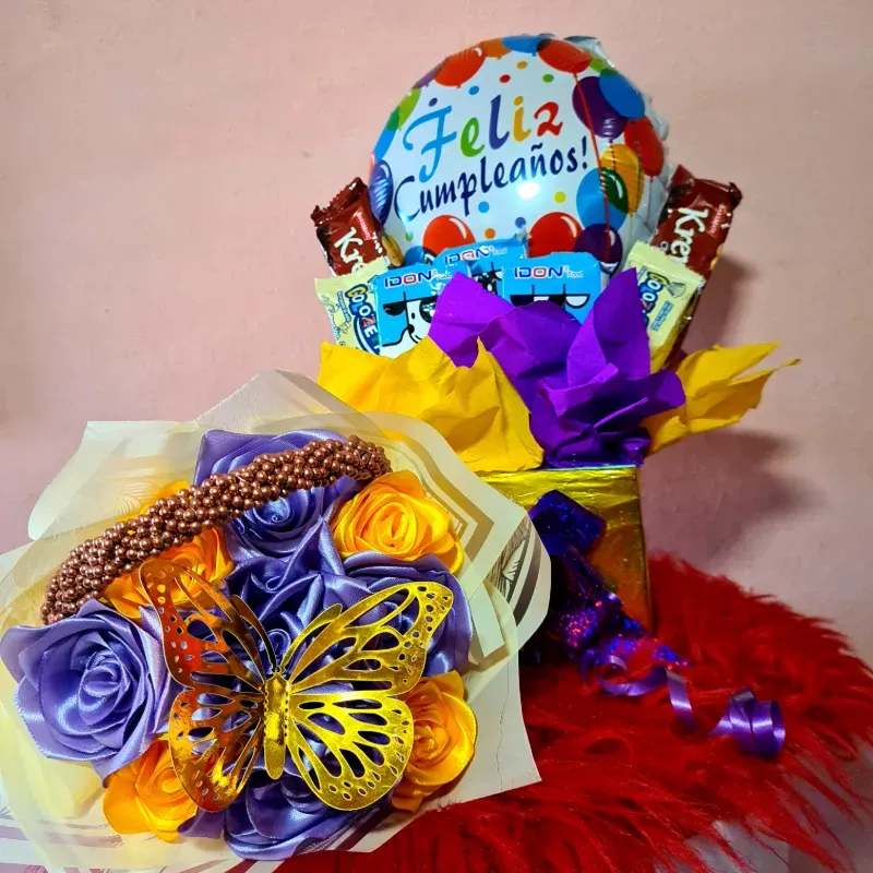 Regalos con chuches y ramo