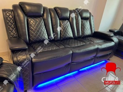 Juego de sofá reclinable multifunción de cuero Power Air con luces LED, muebles de sala de estar, sofá reclinable, sofá biplaza, silla con puerto USB/consola de almacenamiento/portavasos (negro,