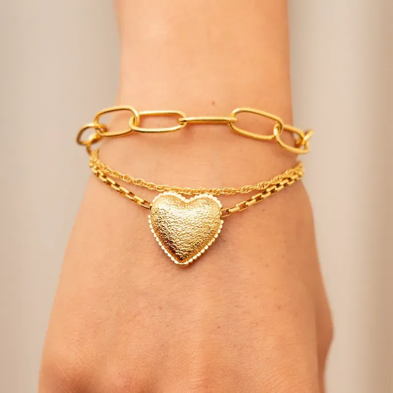 Set X3 Pulseras Corazón Textura + Aretes