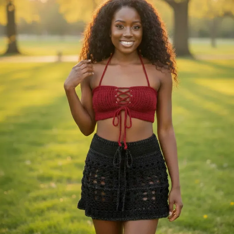 Conjunto top rojo saya negra