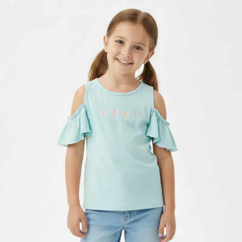 Blusa azul con manguitas de vuelo