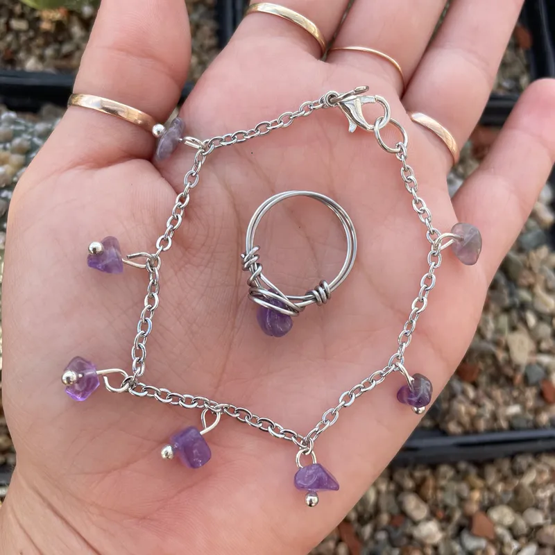 Pulsera de piedras naturales de acero inoxidable y anillo