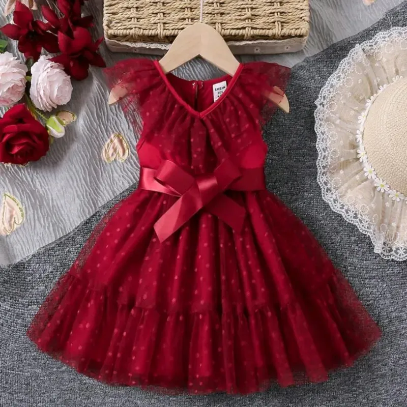 VESTIDOPARA NIÑA BURDEOS, LUNARES Y TUL