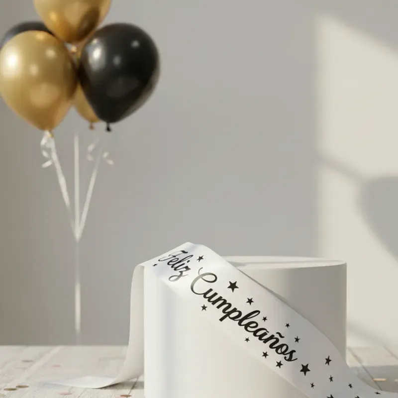 Banda "FELIZ CUMPLEAÑOS" blanca estrellada, con letras negras