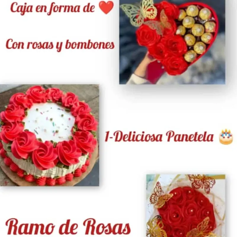 Combo de pastel,ramo de rosas eternas y corazón de rosas con bombones