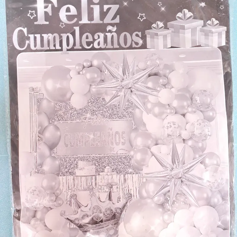 Set arco de globos "FELIZ CUMPLEAÑOS"  plateado