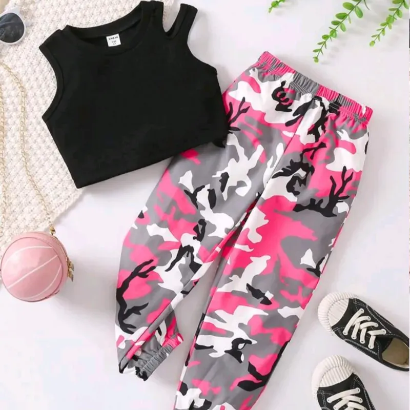  Conjunto de pantalón y top — Negro/Rosado