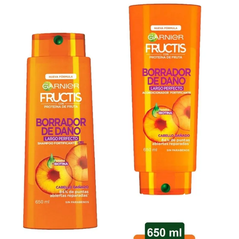 Shampoo + Acondicionador Garnier Fructis 2 en 1 borrador de daño proteína + biotina 650 ml