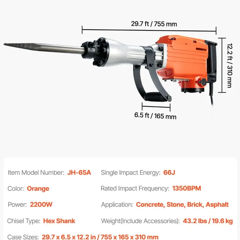 Chipijama profesional 'VEVOR' 2200W Martillo de demolición de alto impacto (110V/60Hz) 1350BPM (66J) 1500RPM NUEVO.