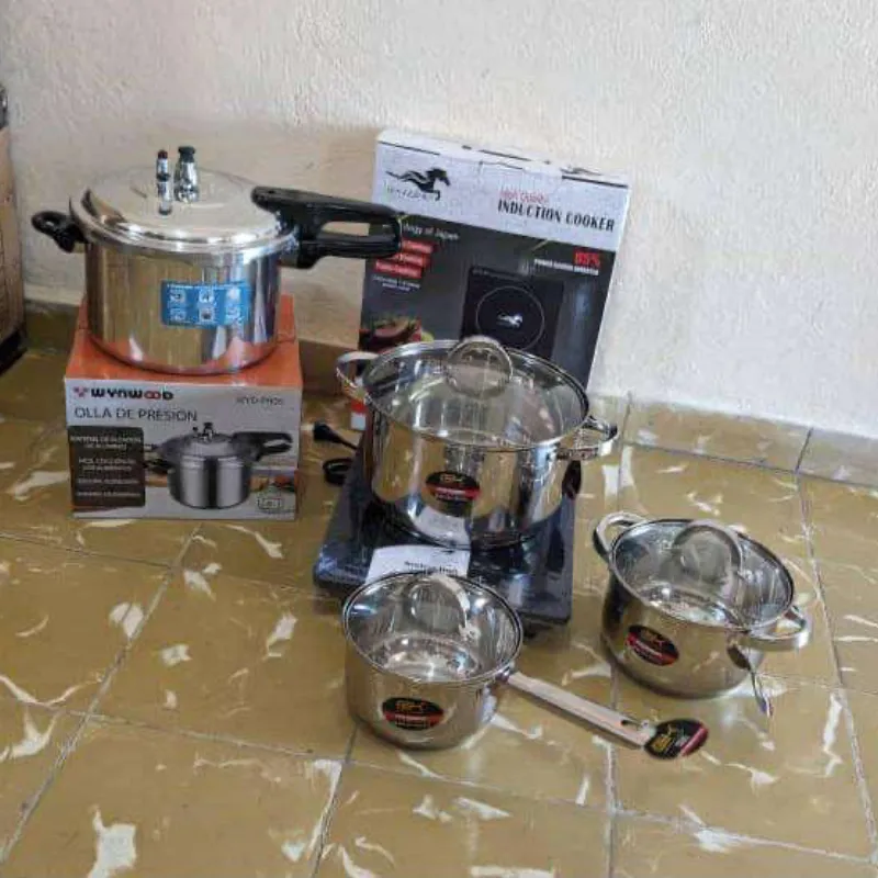 Combo de hornilla de inducción +juego de calderos+olla de 3 válvula de inducción y gas
