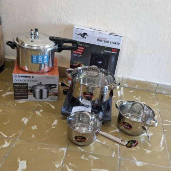 Combo de hornilla de inducción +juego de calderos+olla de 3 válvula de inducción y gas