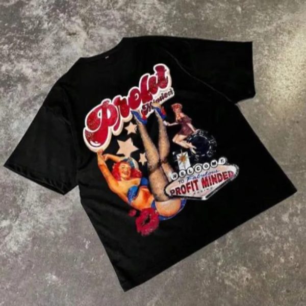 1 pieza Camiseta de manga corta con caída de hombros para hombre, estampado gráfico vintage de Pin-Up estadounidense de estilo urbano casual, estética Y2K, adecuada para uso diario, vacaciones, regalo para novios, esposos, parejas