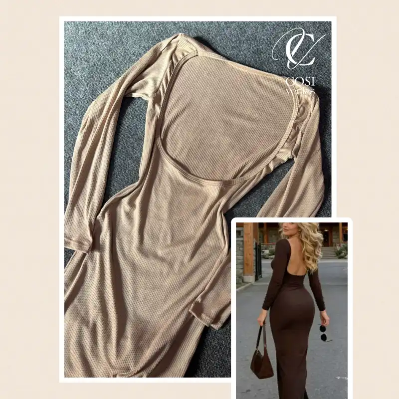 Vestido (beige) con abertura en la espalda de manga larga (cerrado)