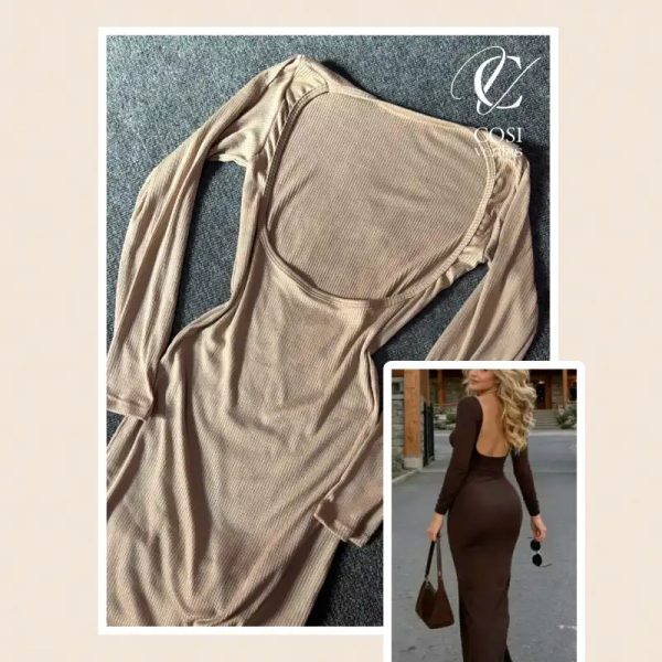 Vestido (beige) con abertura en la espalda de manga larga (cerrado)