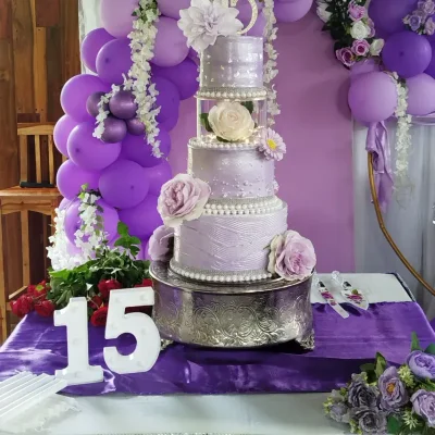 Morado y plateado quinceañera