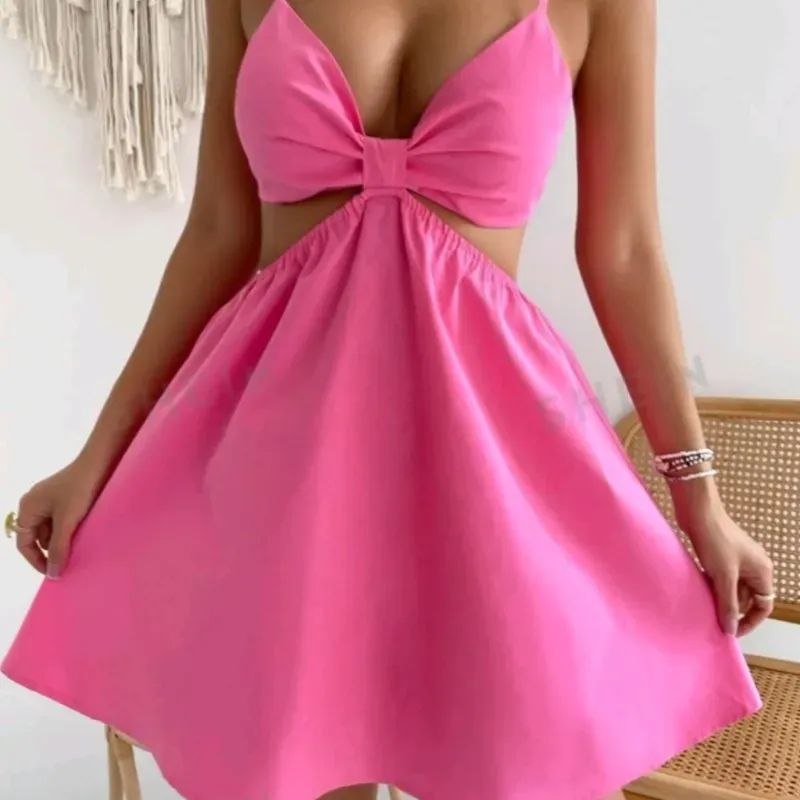  Vestido corto ancho amarrado atrás — Rosado