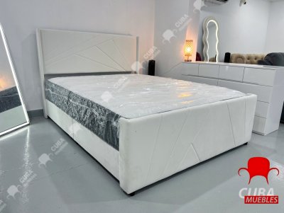 Cama Tamaño Queen, Cama Plataforma Tapizada en Terciopelo