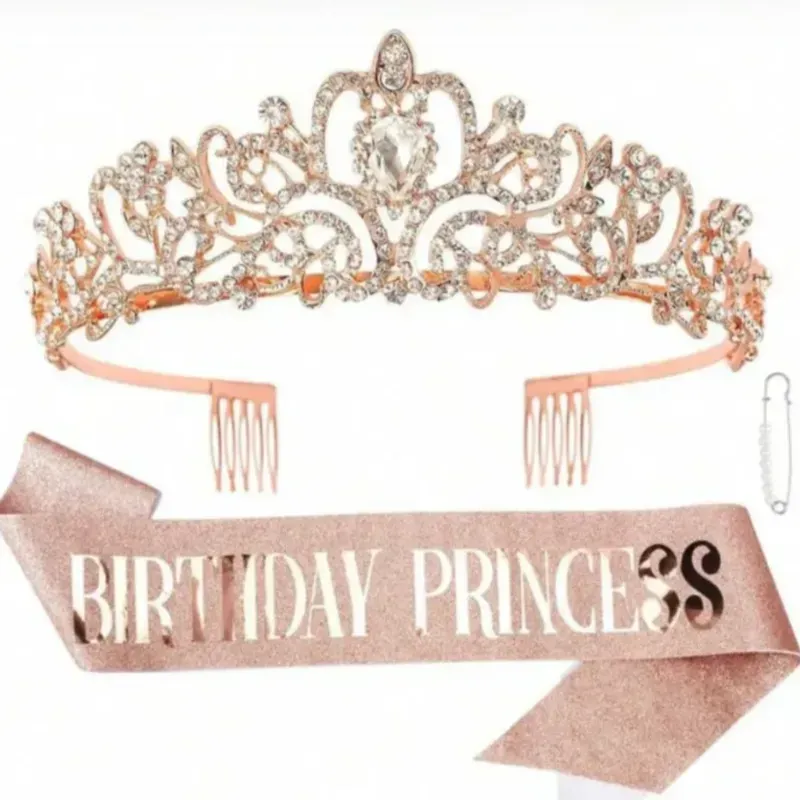 Banda y corona de princesa rosa metálico 