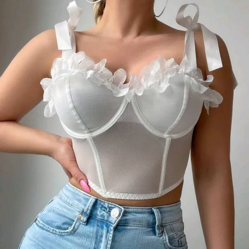  Top con tirantes de cinta y aplique floral — Blanco