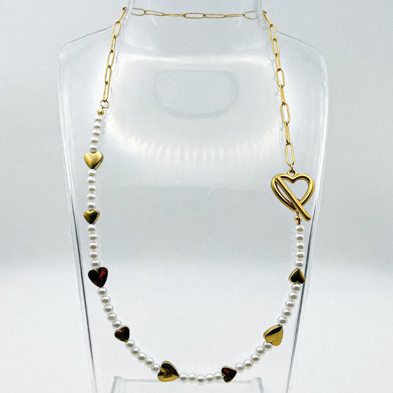 Collar de cadena de acero inoxidable, perlas artificiales y entre piezas de hematita