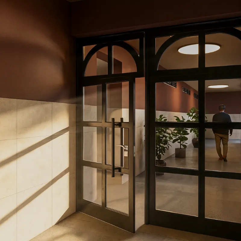 Cierre de fachada con puerta principal de arco