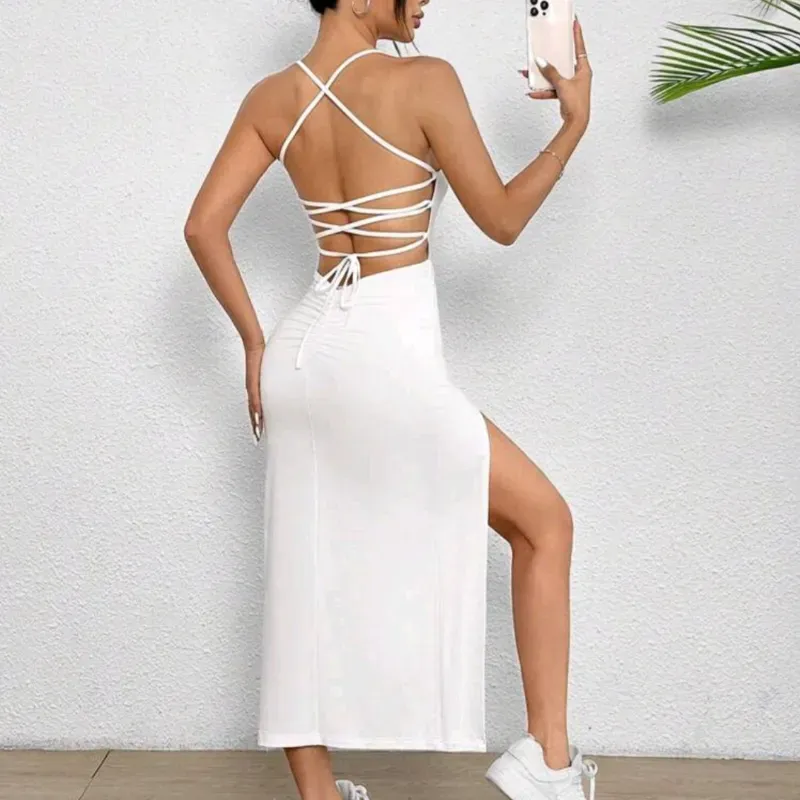  Vestido largo crucetas en la espalda — Blanco