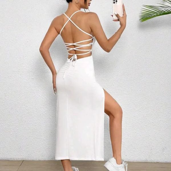  Vestido largo crucetas en la espalda — Blanco
