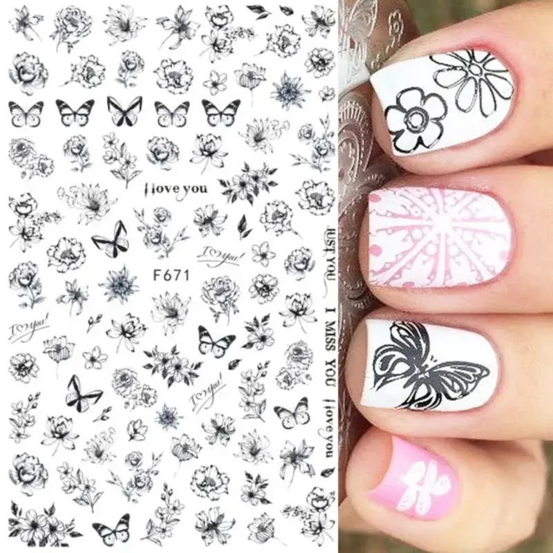 Calcomanías flores y mariposas blancas y negras