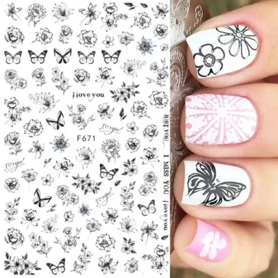 Calcomanías flores y mariposas blancas y negras