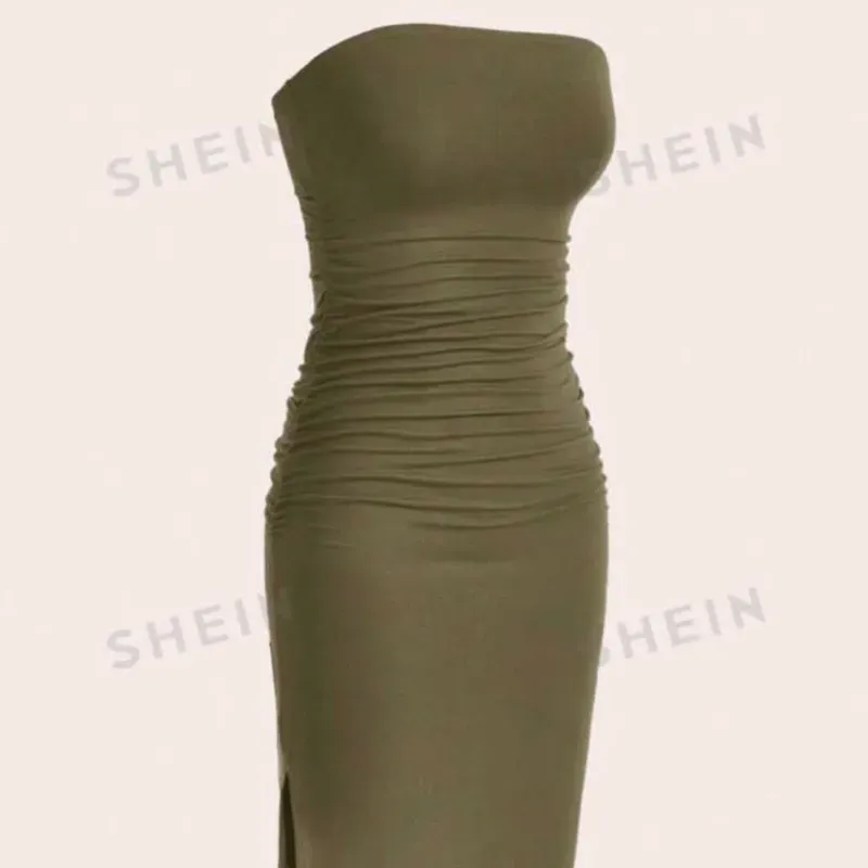  Vestido sin tirantes con abertura lateral — Verde Militar