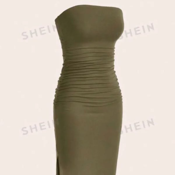  Vestido sin tirantes con abertura lateral — Verde Militar