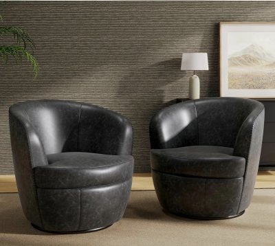 Silla giratoria de gran tamaño, cómodo sillón de lectura, café, juego de 2 | Mid-Century Modern Round PU Leather Club Accent Chairs for Adults, Solid Wood Frame & Metal Base, For Living Room, Bedroom
