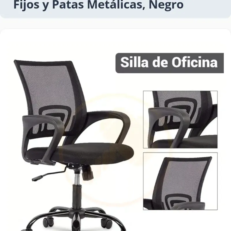 Silla de Oficina Ergonómica, con Soporte Lumbar, Reposabrazos Fijos y Patas Metálicas, Negro