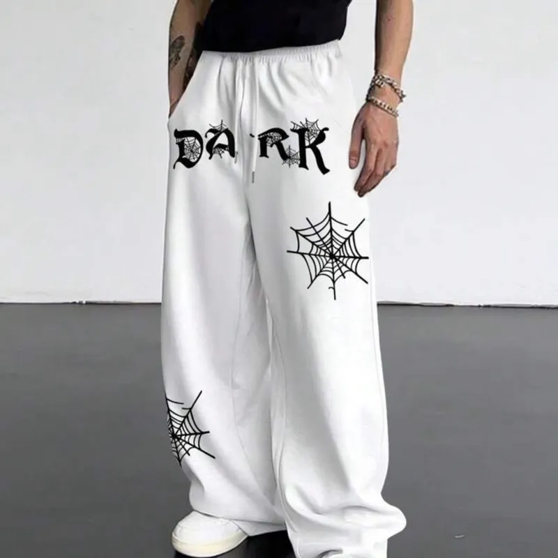 Pantalones jogger con cordón en la cintura con estampado de letras y telaraña para hombres, para rave, emo, estilo de los 2000