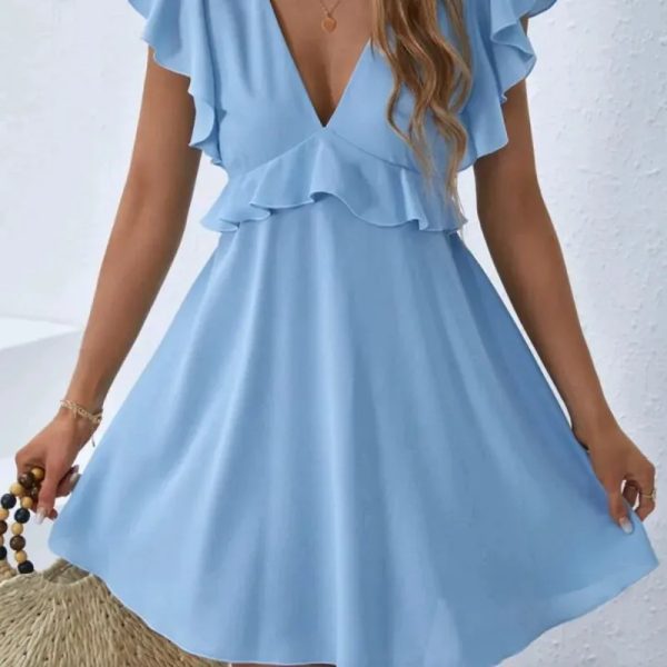 Vestido fruncido cuello V/ Azul
