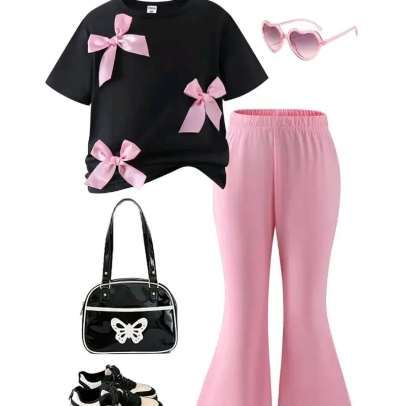  Conjunto de blusa y licra — Negro/Rosado
