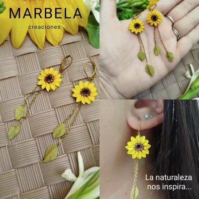✨Aretes de Girasol con hojas colgantes✨