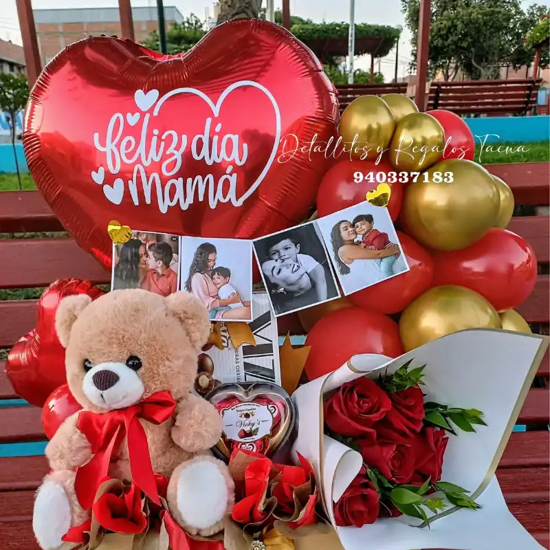 Caja con ramo y peluche