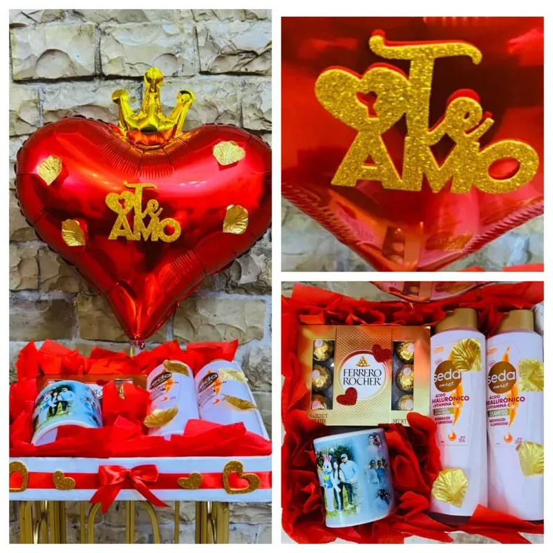 Regalo para mi reina   ( Bandeja de corazón con juego de shampoo y acondicionador, caja de bombones Ferrero Rocher y jarra temática de amor )