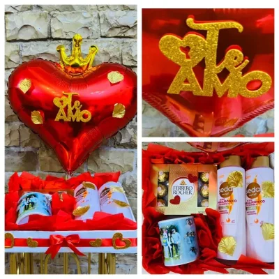 Regalo para mi reina   ( Bandeja de corazón con juego de shampoo y acondicionador, caja de bombones Ferrero Rocher y jarra temática de amor )