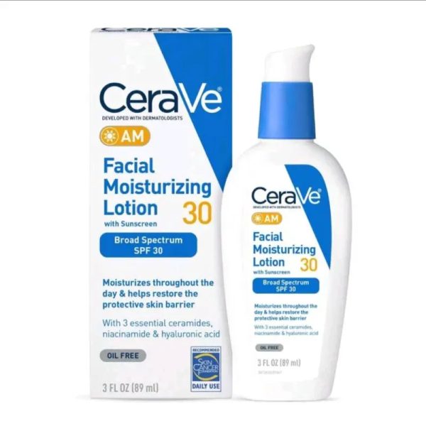 Loción hidratante facial CeraVe AM con protector solar SPF 30.