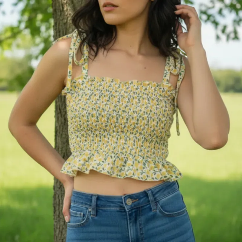 Blusa con hilo elástico y tirantes ajustables estampada