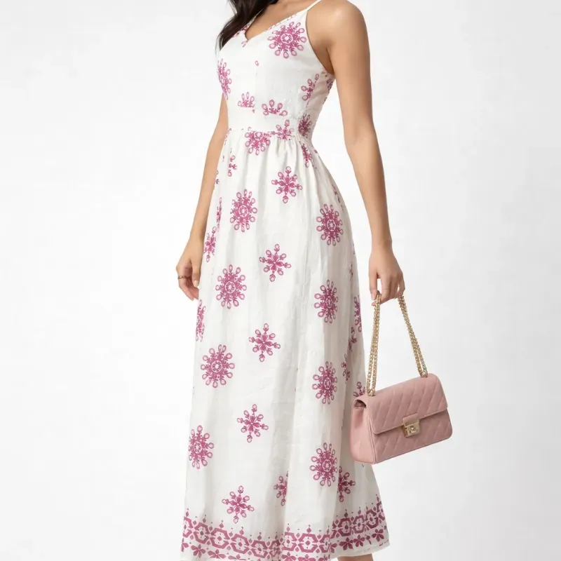  Vestido largo estampado — Beige/Rosado