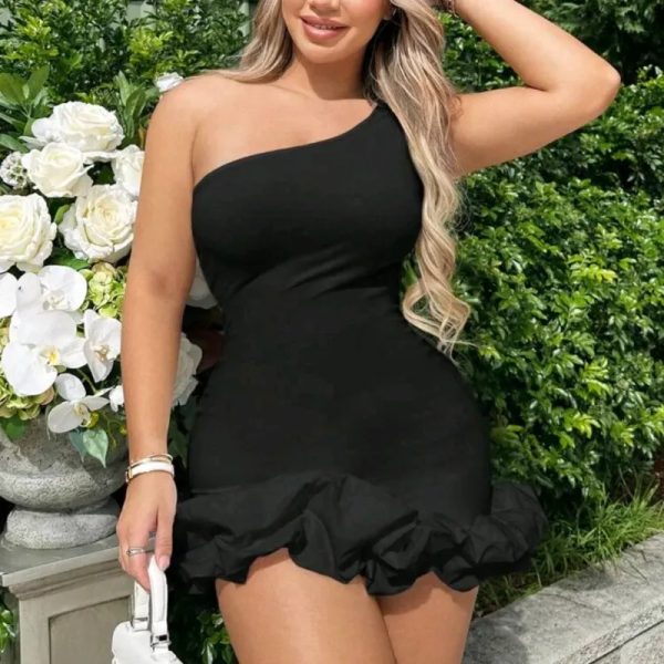  Vestido.corto un hombro vuelo bajo — Negro