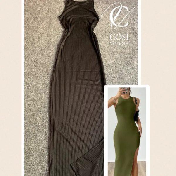 Vestido desmangado largo con abertura