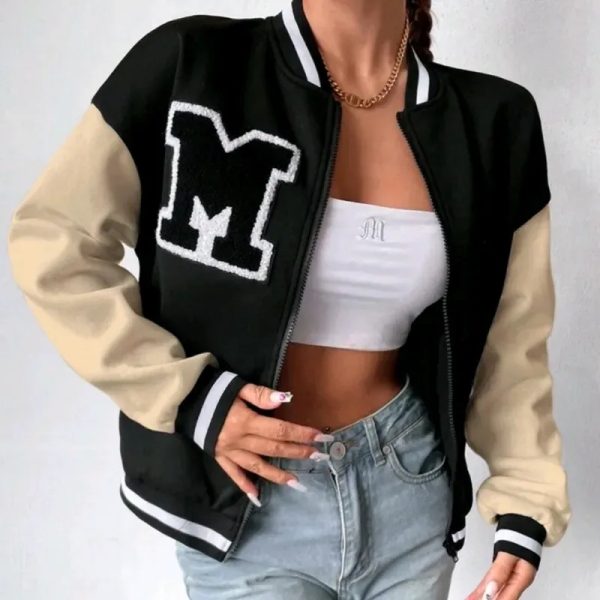  Chaqueta universitaria con letra — Negro/Beige